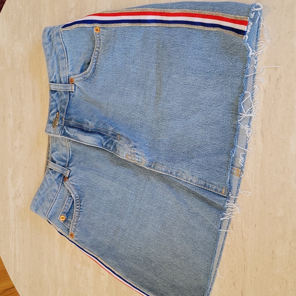 Topshop Moto Jean skirt with red white and blue stripes. Size 4
